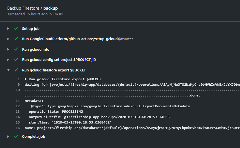 Example of successful Firestore export job in Github Actions