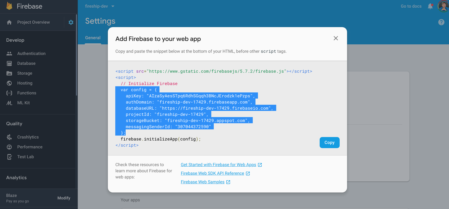 firebase web config location