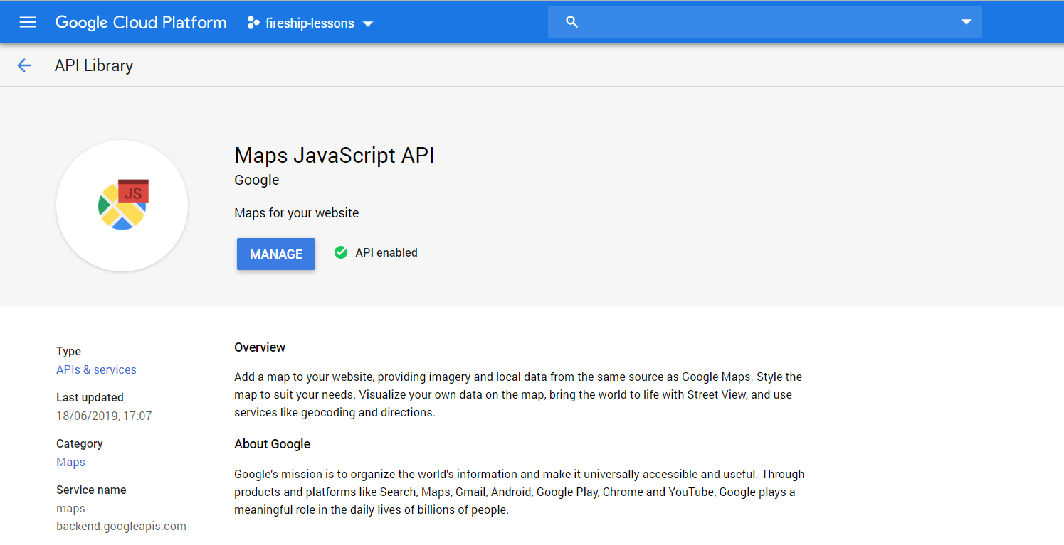 Enable the Google Maps JavaScript API from a GCP project. Copy the browser API key from the credentials page.