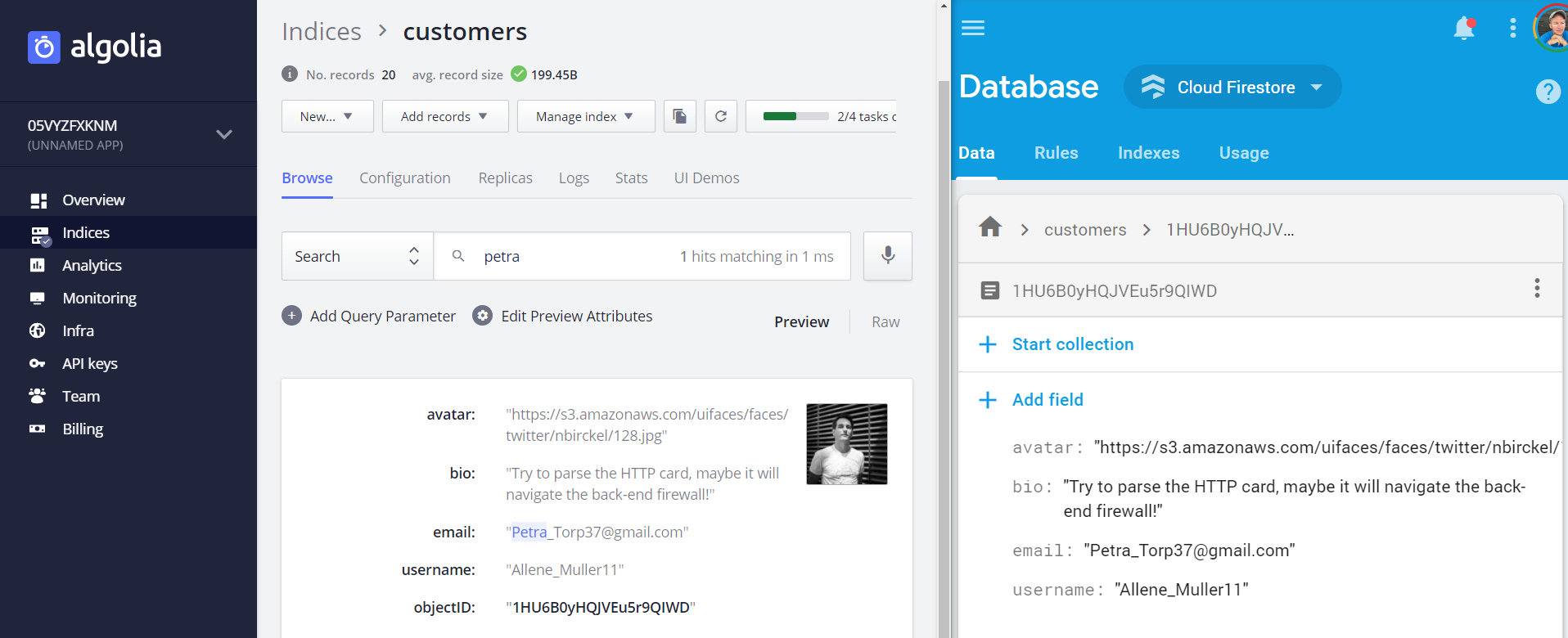 Notice how the Algolia index (left) is synced-up with the Firestore document (right)